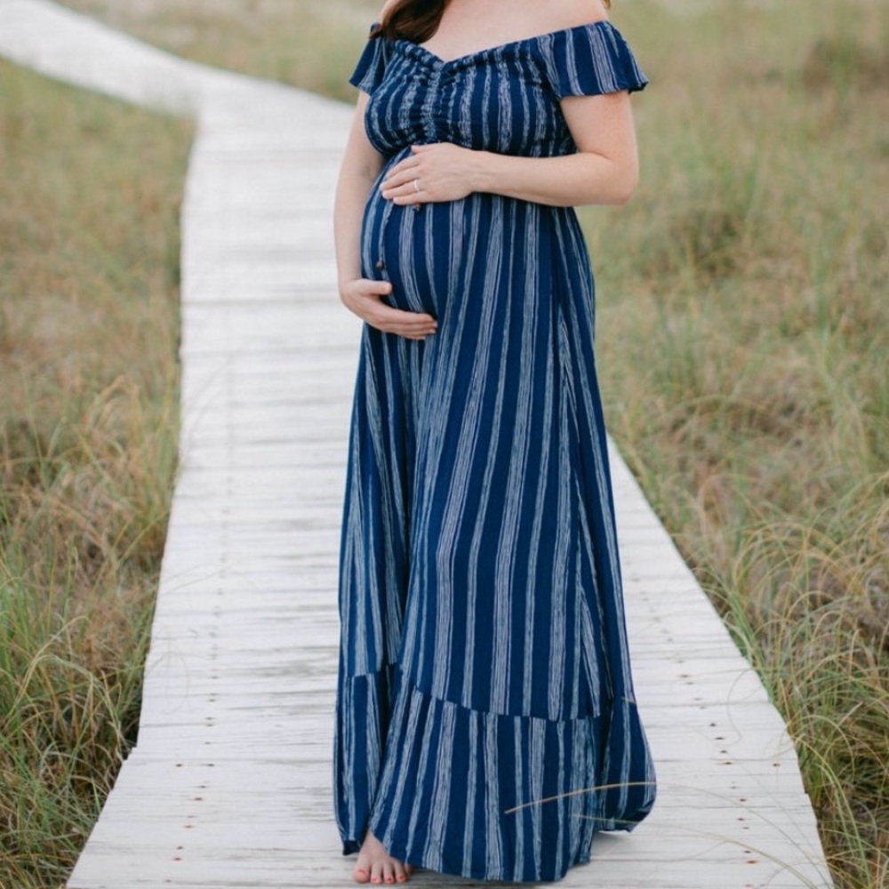 Pink Blush Maternity Navy Blue Striped Off-Shoulder Dress - Picture 3 of 3